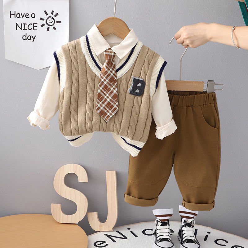 Garçons Vêtements d'automne costume Tie B- Chandail en forme Ensemble de trois pièces