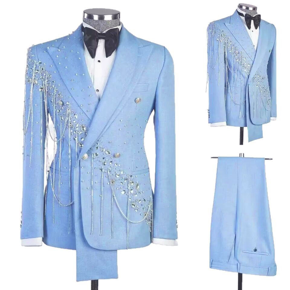 Peak Lapel Strass Tassel Embellished Double Breasted Tuxedo Ensemble à deux pièces