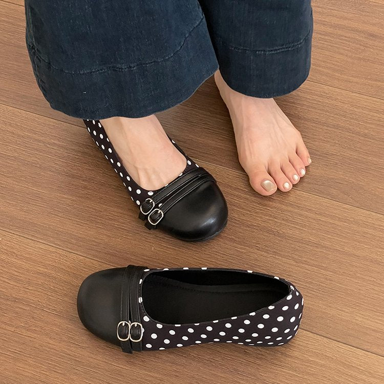 Femmes Polka Dot Mary Jane Plats Cap Toe Double Strap métal Buckle Decor Rond Toe Slip On
