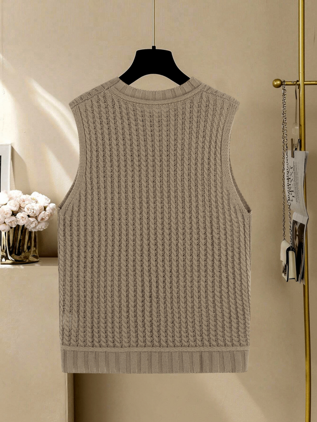 Câblodistribution sans manches pour femmes Chandail de sweater Vest Col d'équipage solide en acrylique