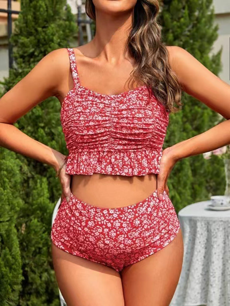 Deux-pièces Floral Leopard-print Maillot de bain Rufflé