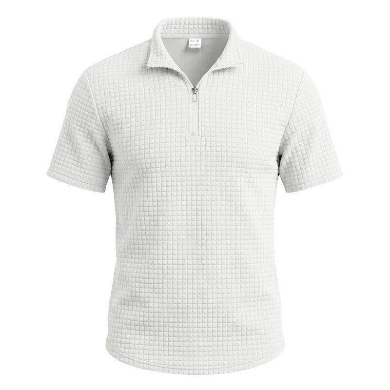 Homme Jacquard Plaid Relaxed-fit Stand-collar Polo manches courtes