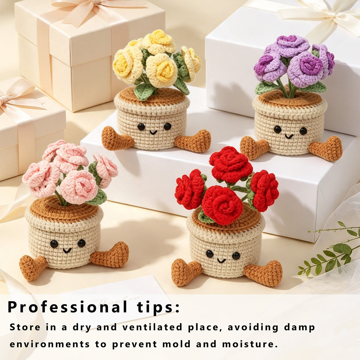 Crochet fait main multi coloré Rose Pot ornement Set de fil doux Everlasting Crochet Rose Bl