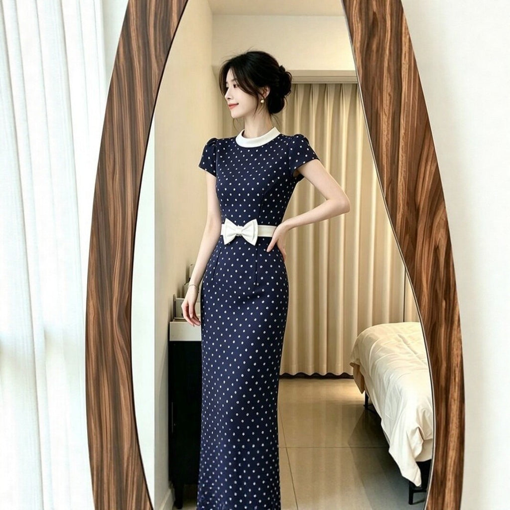 Retro Couleur-bloc Collier Polka-dot Robe longue