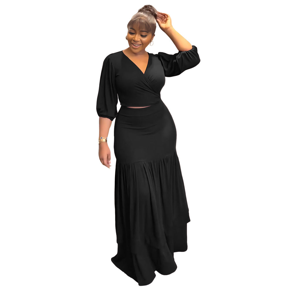 Short top casual haute taille jupe commute style deux pièces ensemble