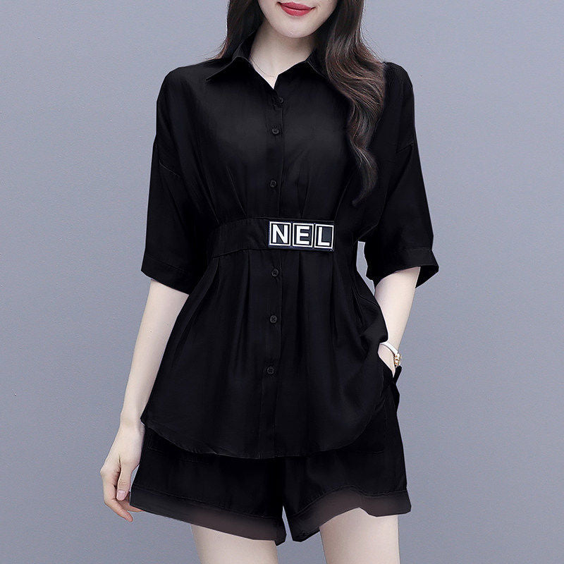 Women's Mid-Waist Long-Sleeved Shorts Set