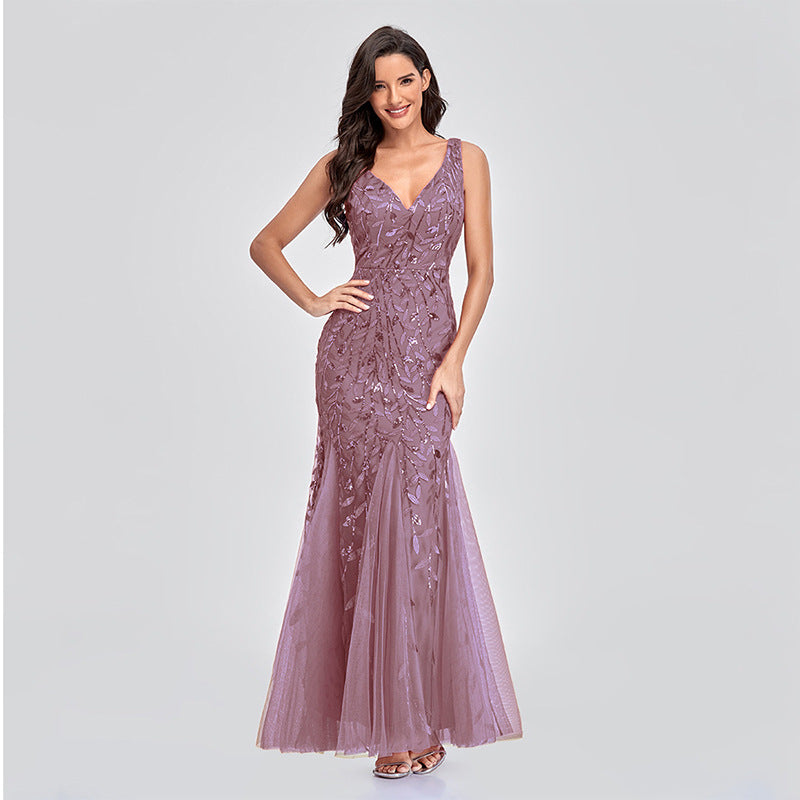 Robe de soirée européenne et américaine Col V Tulle Brodé Paillettes Sexy Sirène Prom Dre