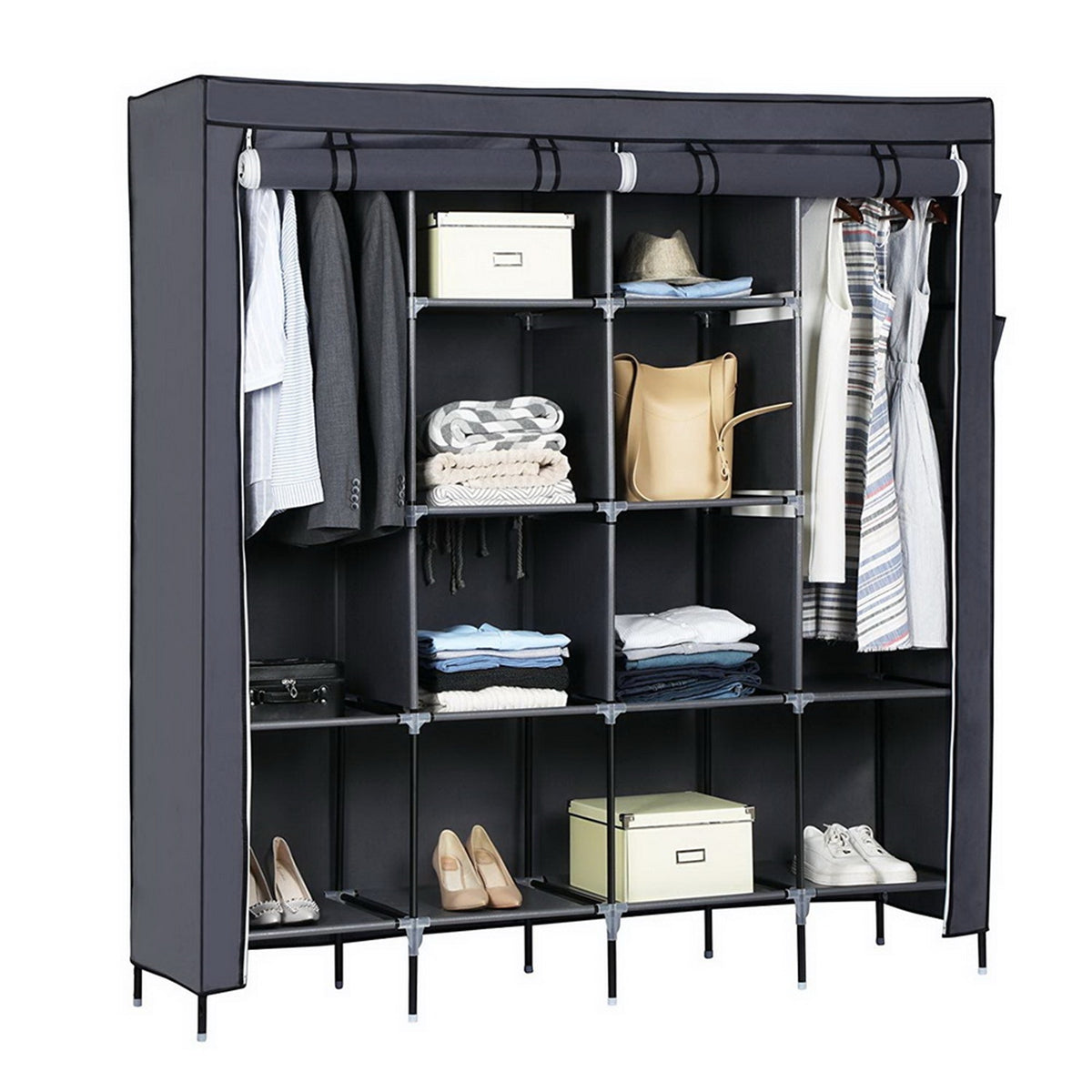 Rangement d'armoire portable de 67 pouces Sac de rangement 12 étagères 4 poches latérales Gr
