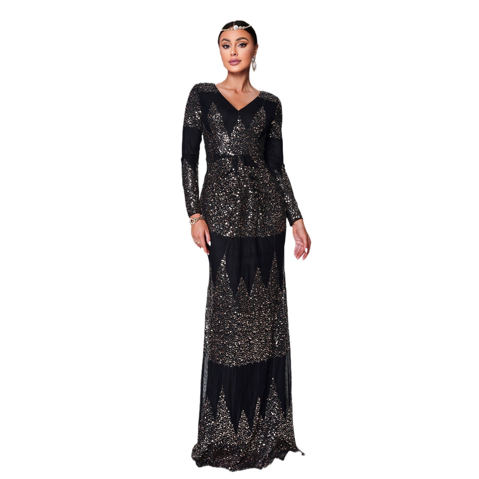 Manches longues col V Sexy Slim-fit Long Sequined Banquet Robe de soirée