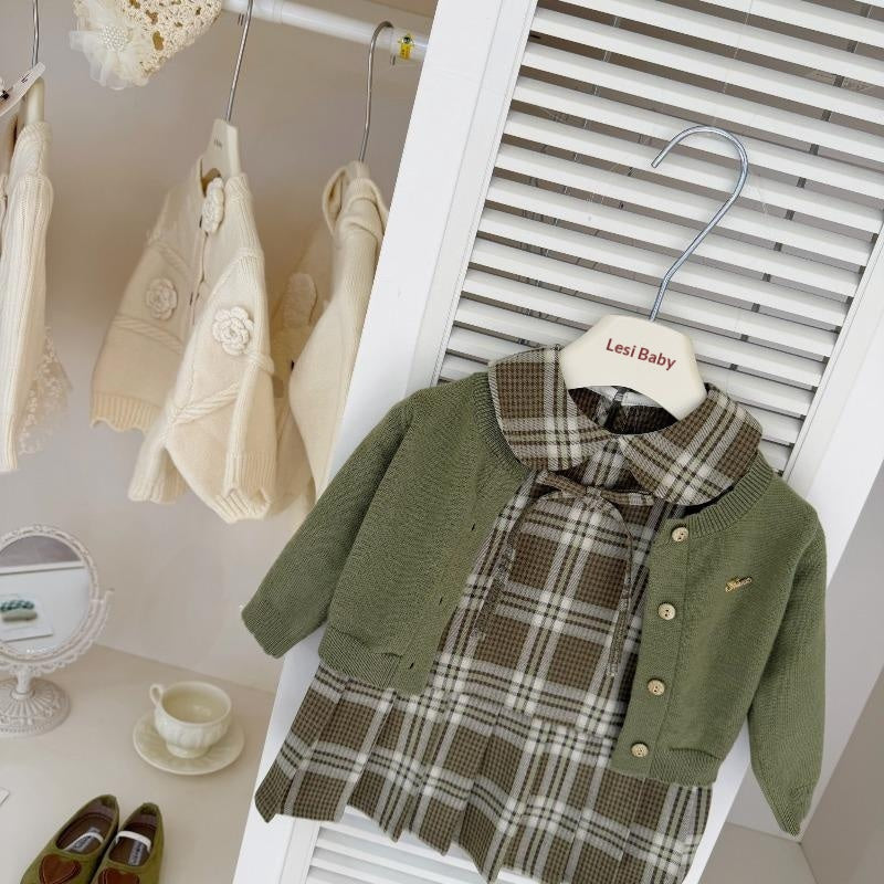 Petites filles Matcha Vert Plaid Vest Robe Et Set de Cardigan