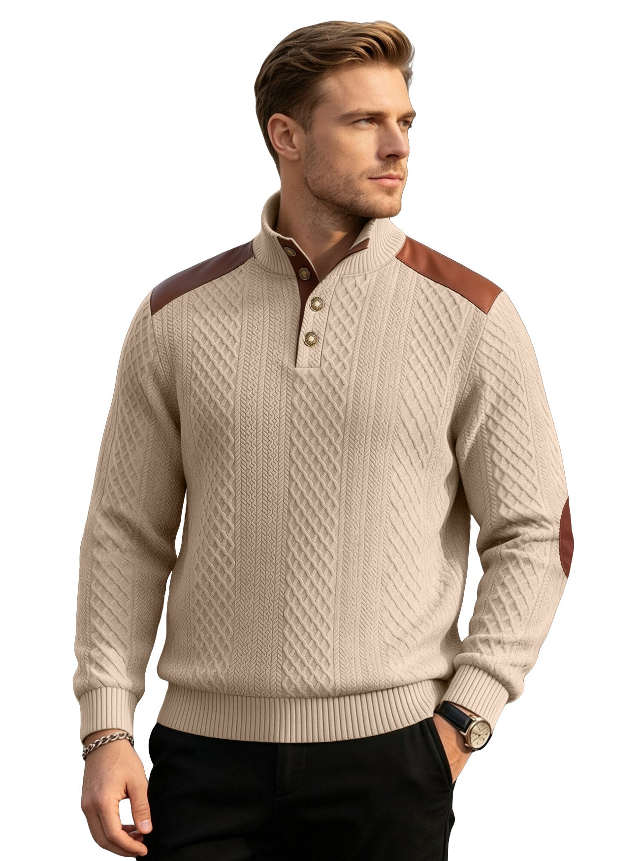 Texturé américain homme Jacquard Collared Knit Sweater avec épaule Patchwork Loose Long-