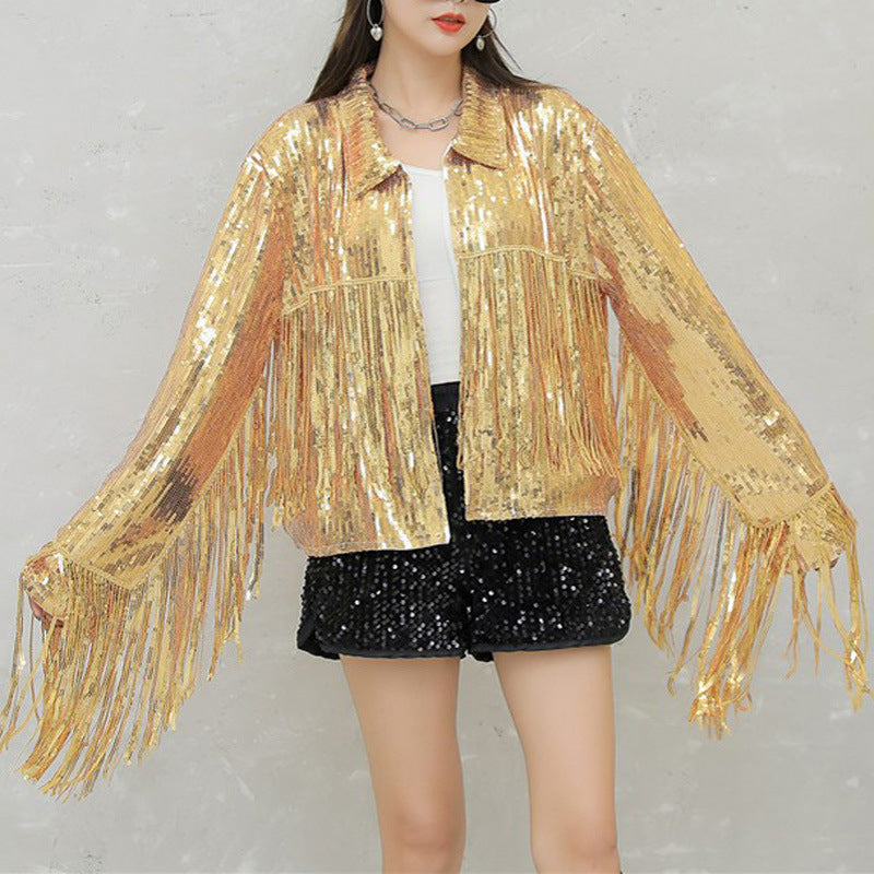 Long cardigan européen et américain avec paillettes et tassels