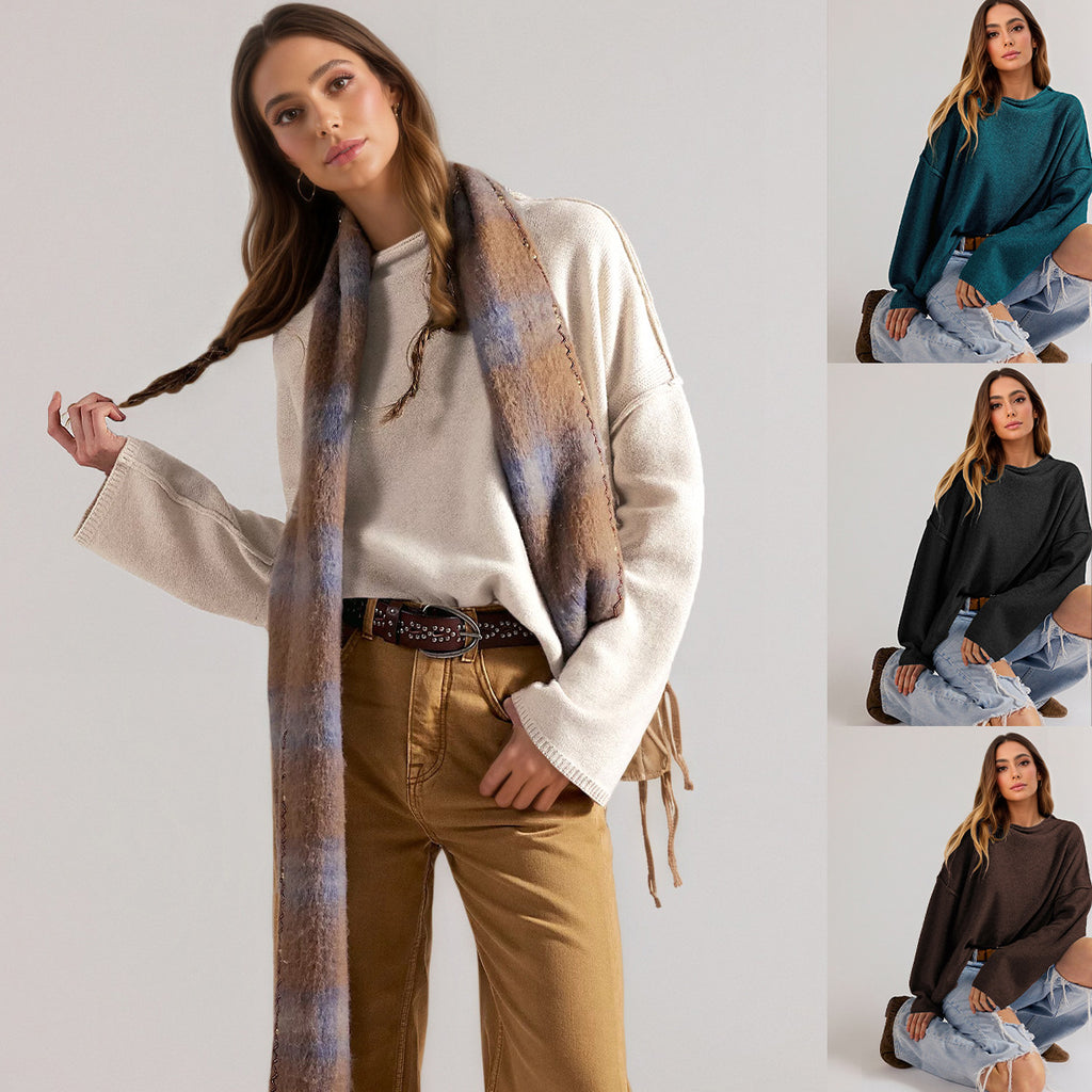Women's Relaxed Long Sleeve Knit Pullover Sweater with Side Slits