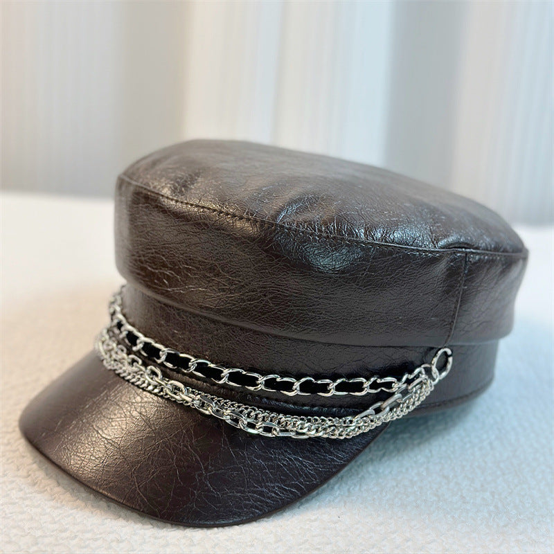 Chaîne en cuir PU pour femmes Décorée de style tendance Chapeau Newboy