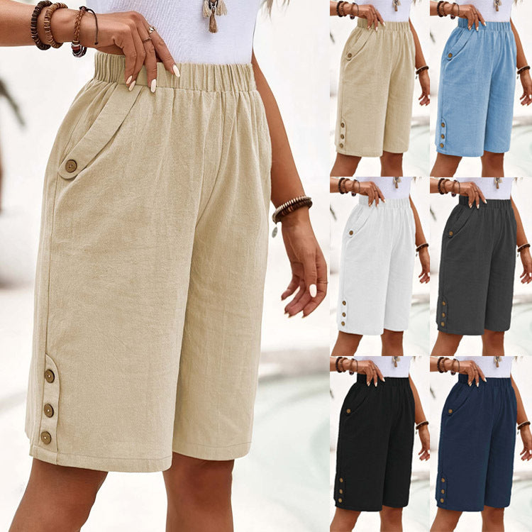 Short en coton et en lin Pantalons à cinq points European and American Women's Solid Color Casual