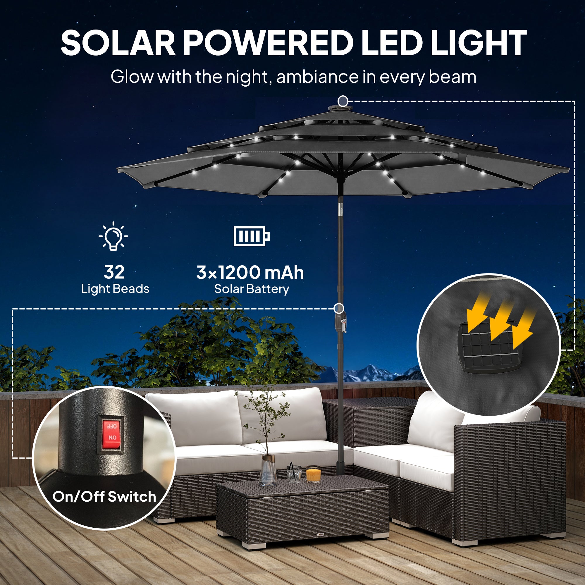 Parapluie extérieur Patio de 9,7 pieds avec lumières solaires LED