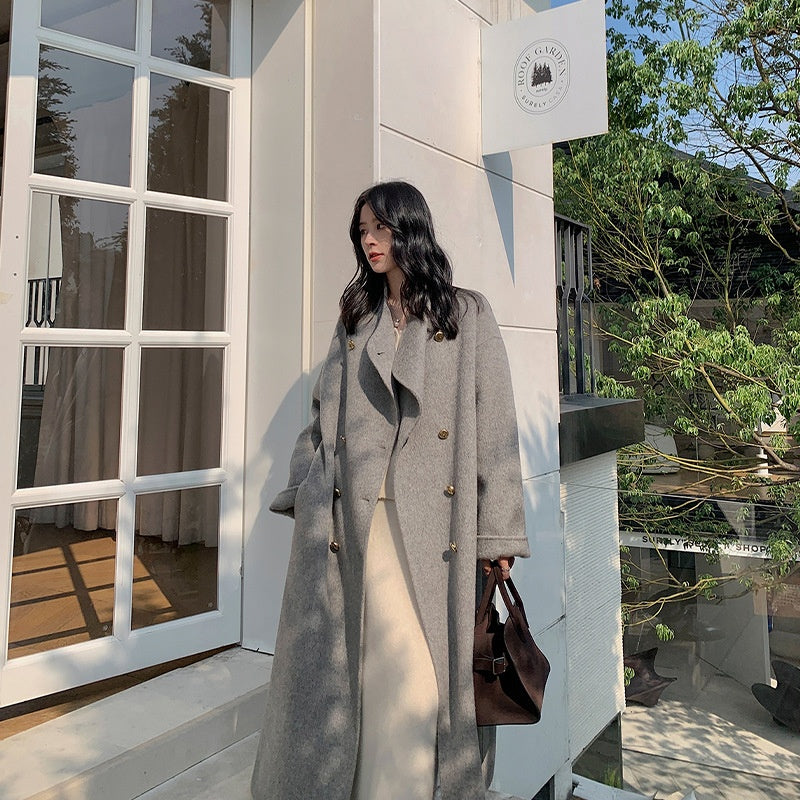 Conception de collier de support Manteau double-à-bras femmes Grand Lapel Long-Loose-fit Laine Overcoat