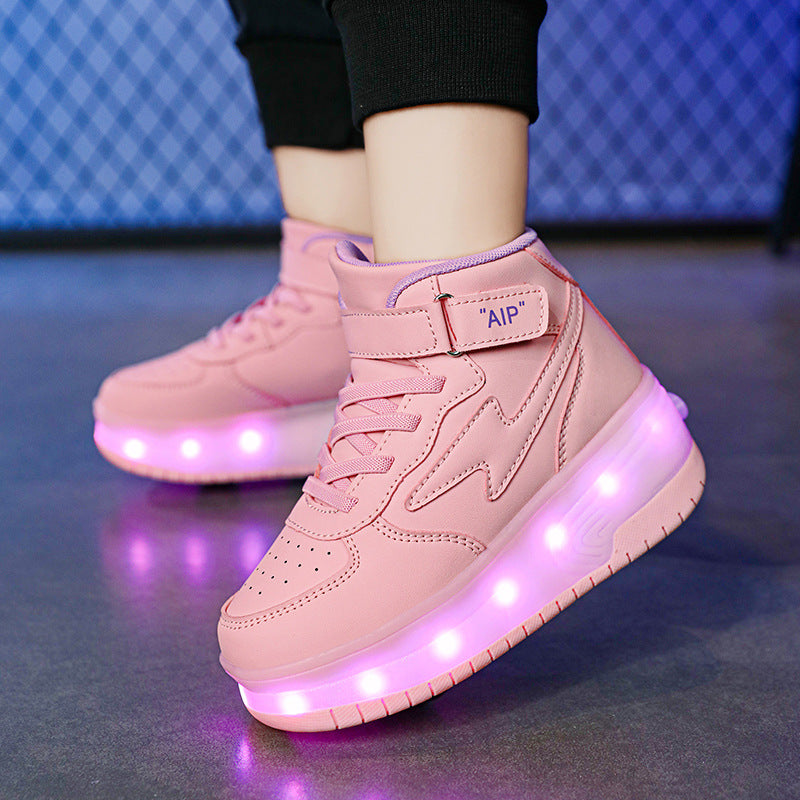 Chaussures de marche en cuir de jeunes patins à roues doubles