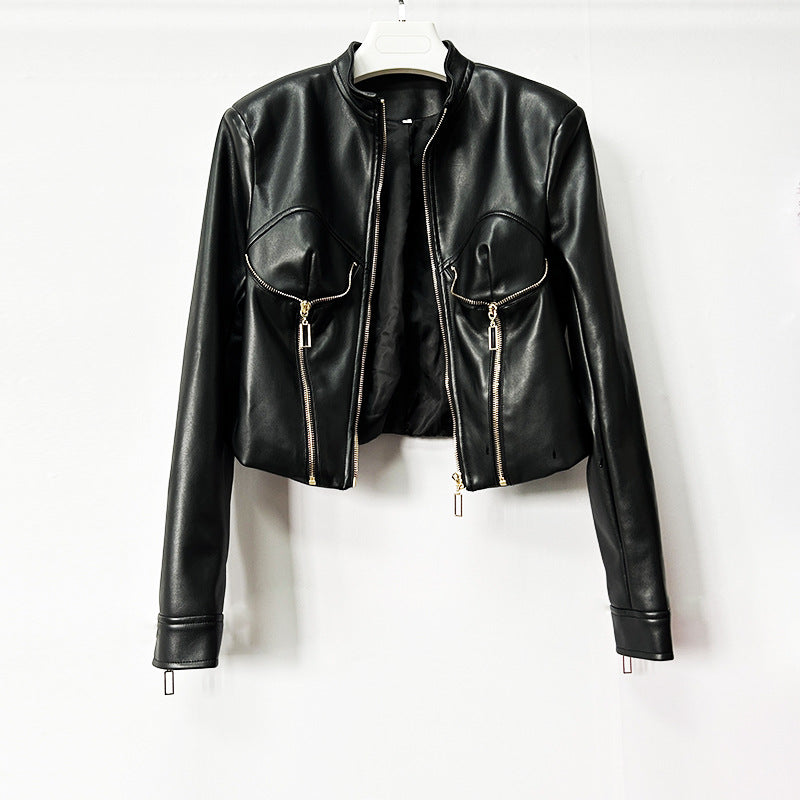 Veste robuste en cuir PU de style Moto avec un collier et un front zippé