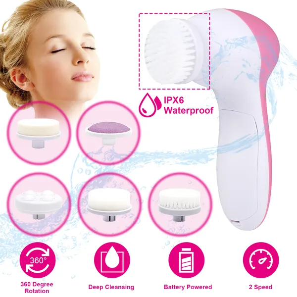 Brosse nettoyante pour visage éponge étanche avec 5 têtes de brosse pour