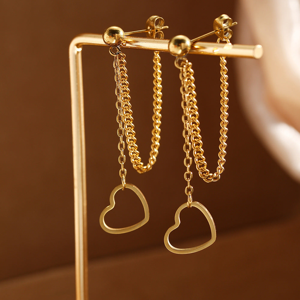 Femmes Boucles d'oreilles en dangle à cœur ouvert à creux Chaîne à double couche Boucles d'oreilles en drop