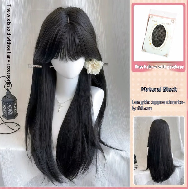 Femmes Wig Wispy Bangs Long droit cheveux noirs tressé Updo