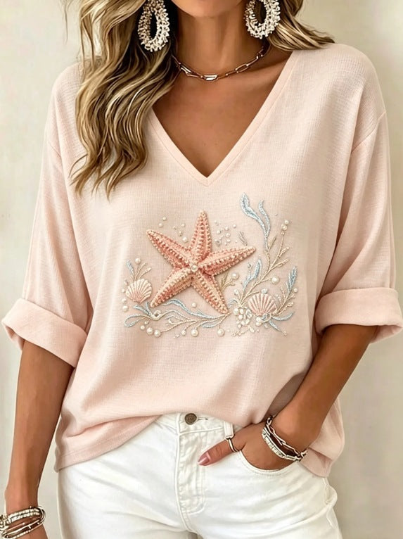 T-shirt femme en col V imprimé