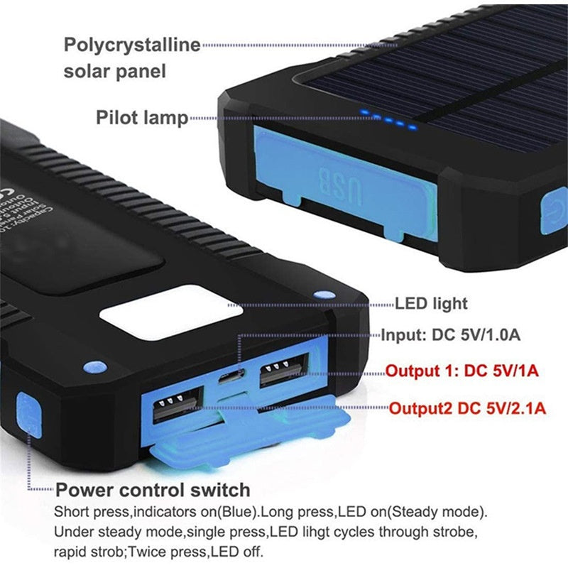 Outdoor 20000mAh Haute capacité LED-Backlit Waterproof Solar-Powered Portable Power Bank