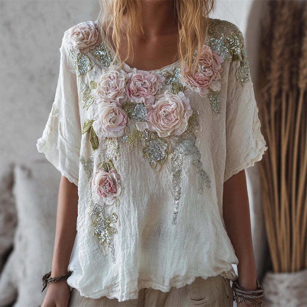 Top femme à manches courtes avec faux design Jacquard
