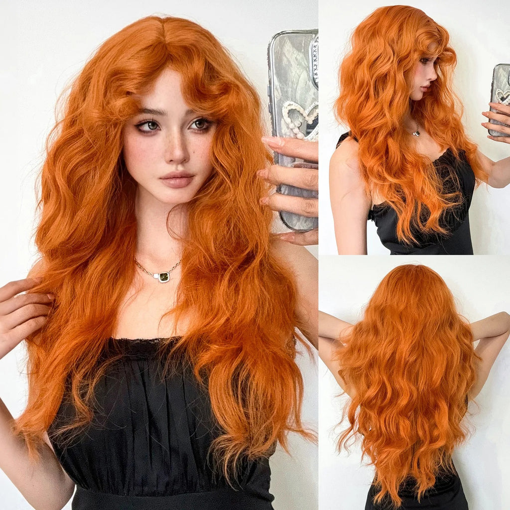 Perruque femelle Bangs Roller Fluffy cheveux mi-longs Perruque naturelle pleine tête