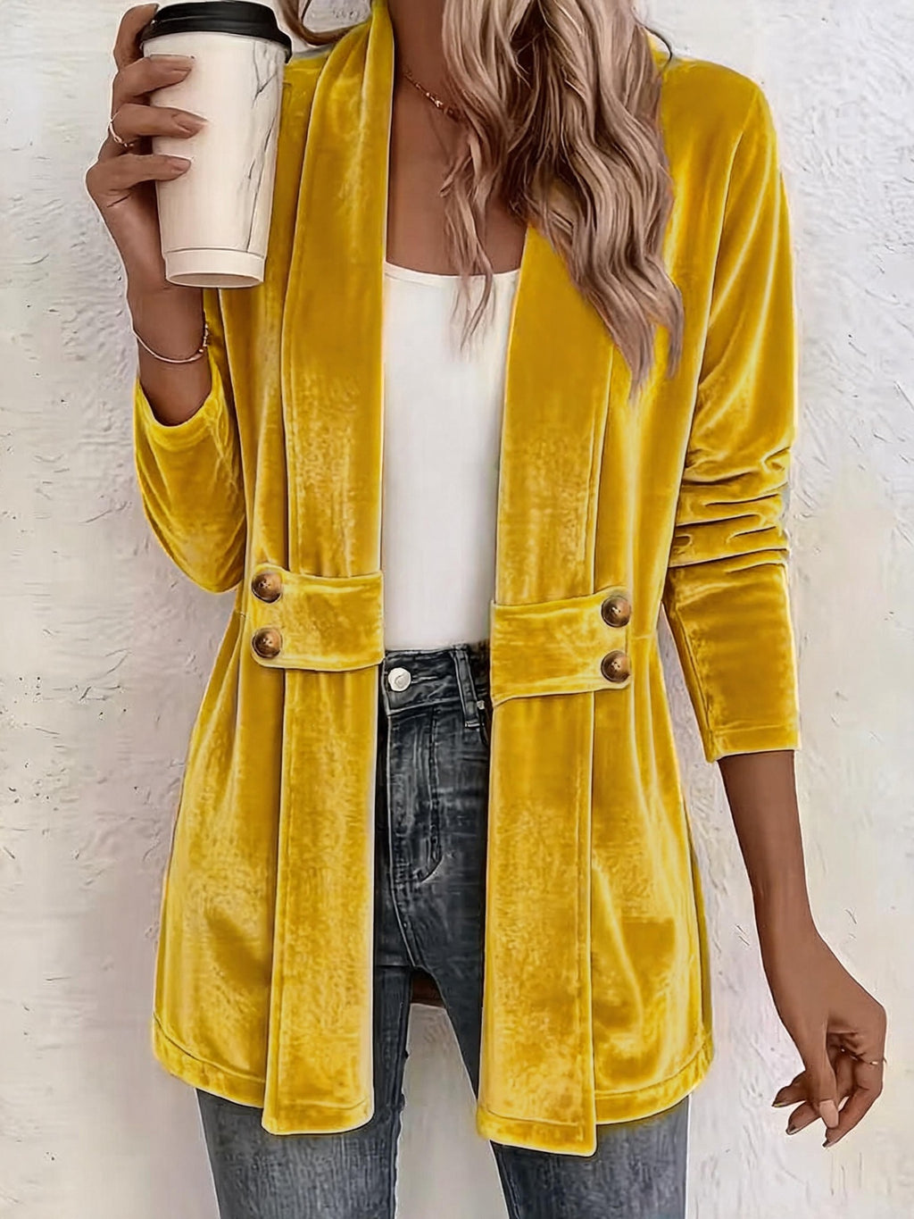Femmes Velvet Ouvert Cardigan Avant Manches Longues Double Bouton Décor Vêtements de dessus Casual