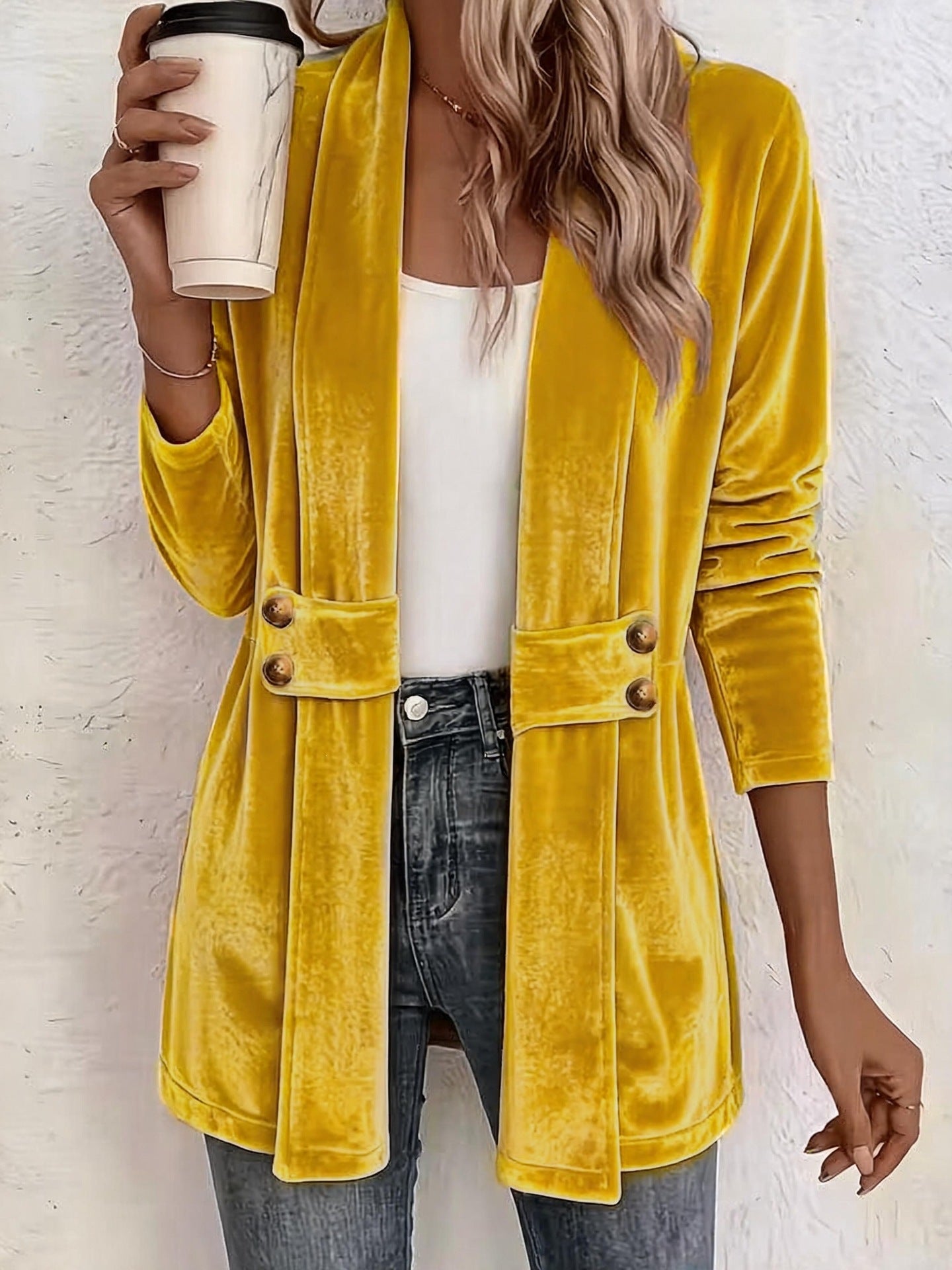 Femmes Velvet Ouvert Cardigan Avant Manches Longues Double Bouton Décor Vêtements de dessus Casual