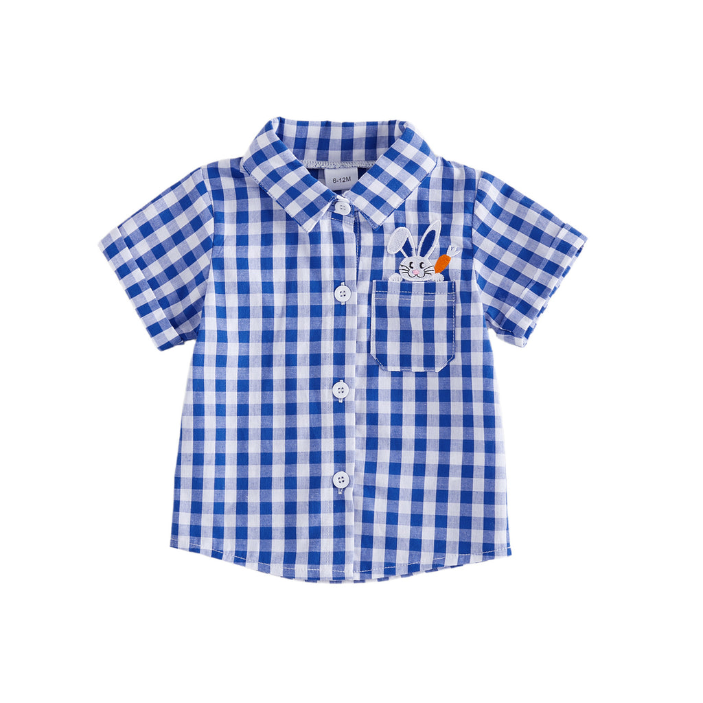Garçons De Pâques Brodé Lapin Plaid Lapel Bleu Chemise