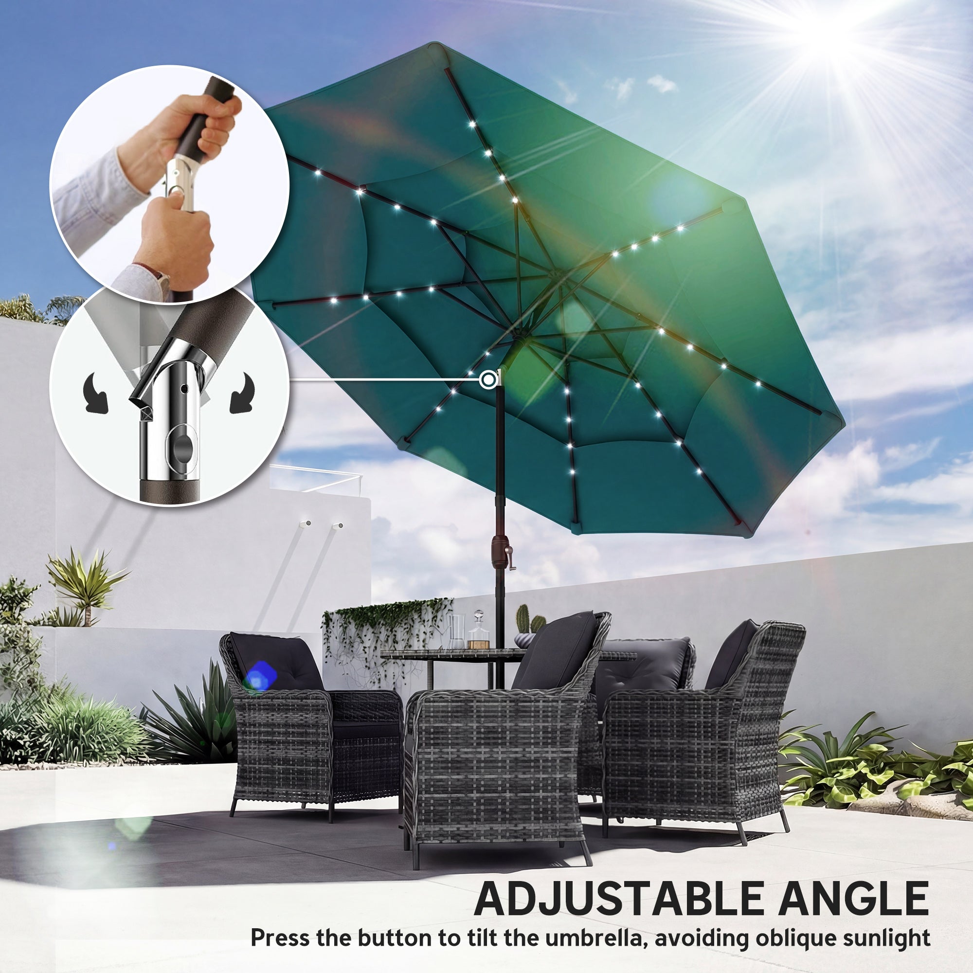 Parapluie extérieur Patio de 9,7 pieds avec lumières solaires LED
