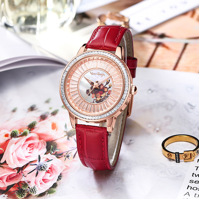 Van Gogh montre à quartz pour femme 3D imprimé peinture à l'huile Cadran complet Zirconium bracelet en cuir Se