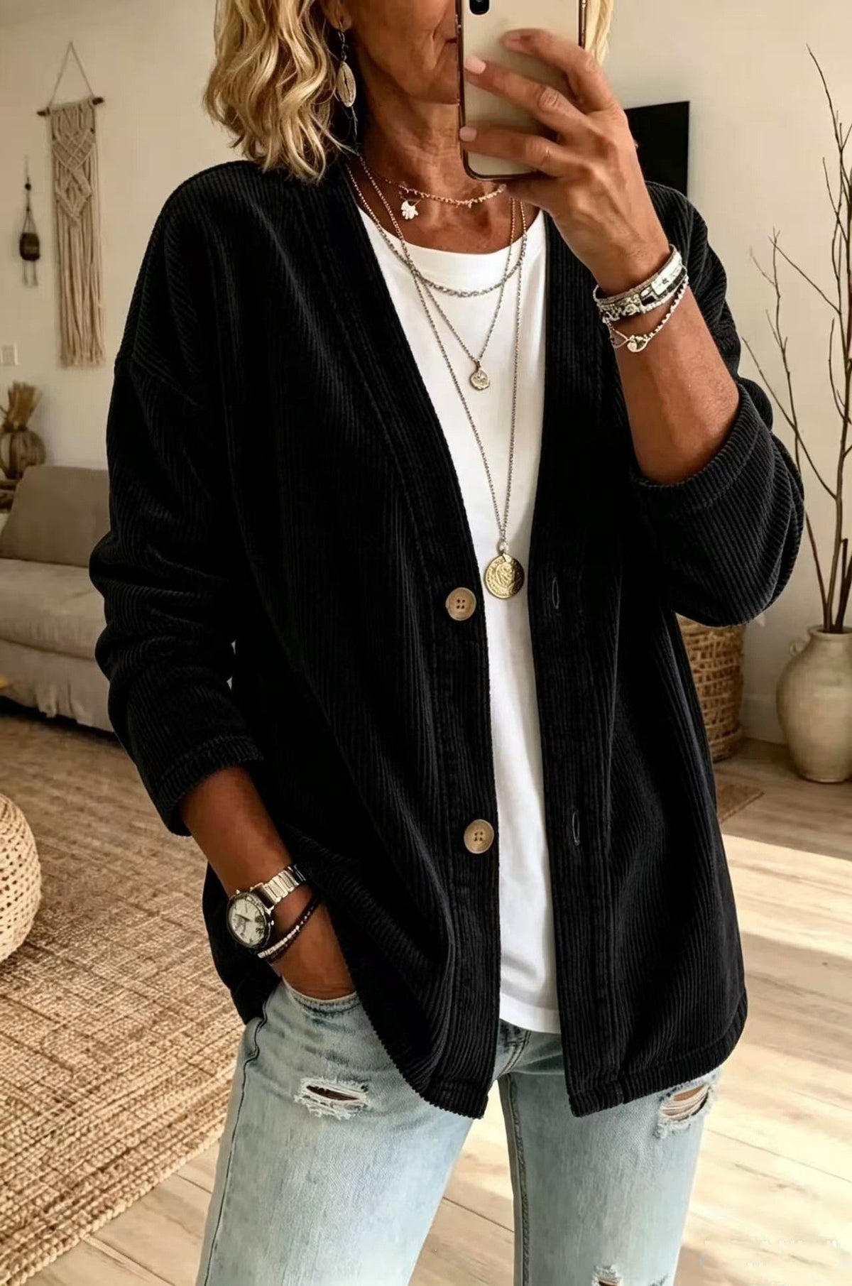 European And American Street Style Autumn And Winter Women's Coat Solid Color Button Cardi