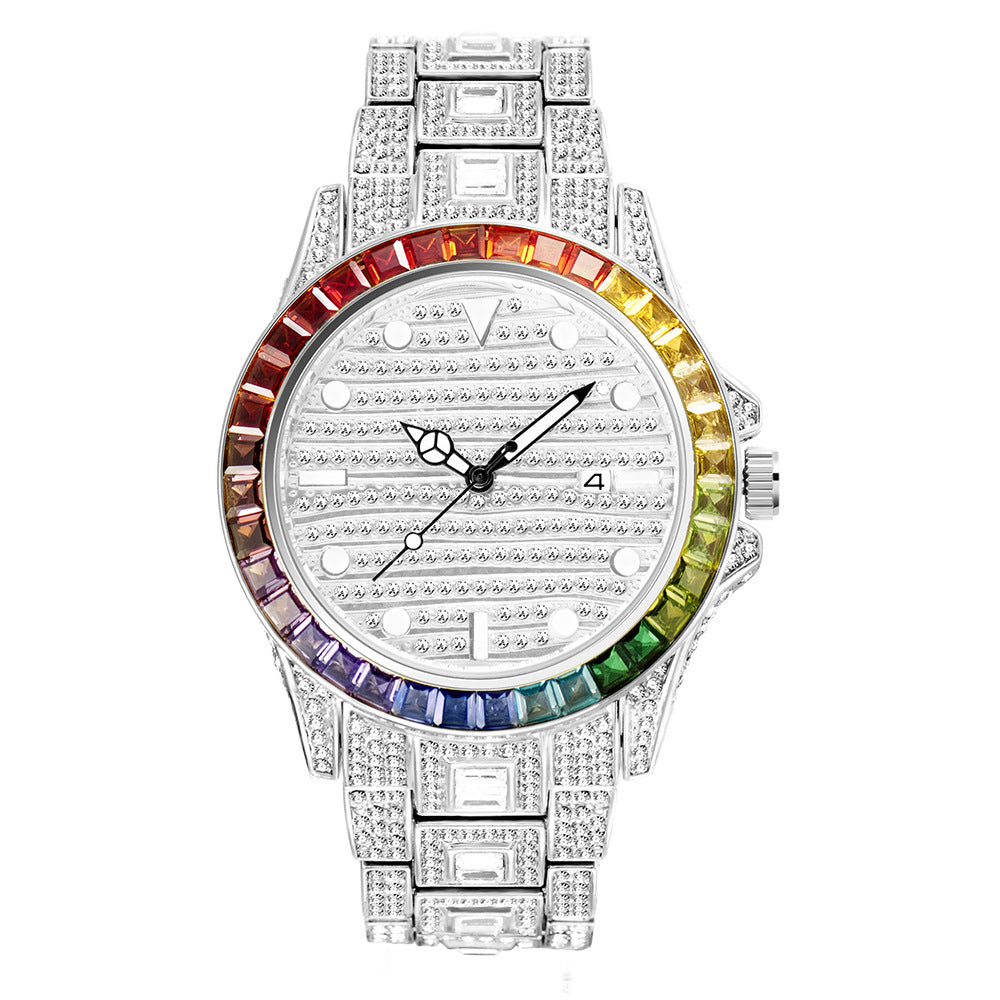 Fashion haut de gamme Gradient Rainbow Diamond Imperméable Montre Quartz Homme