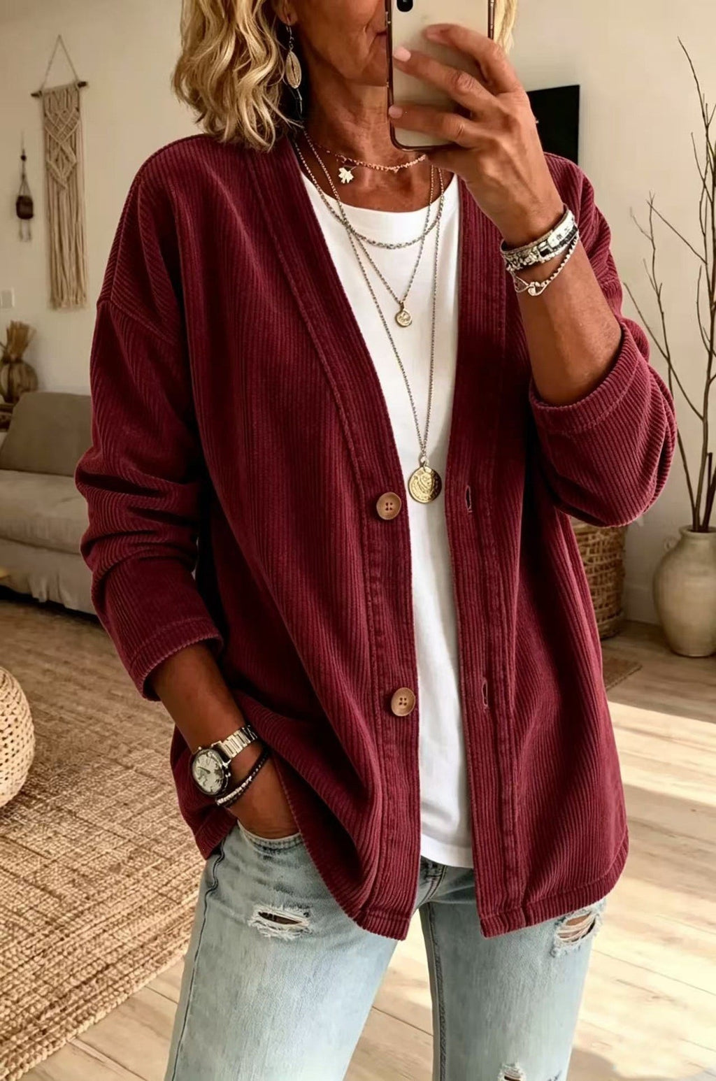 European And American Street Style Autumn And Winter Women's Coat Solid Color Button Cardi
