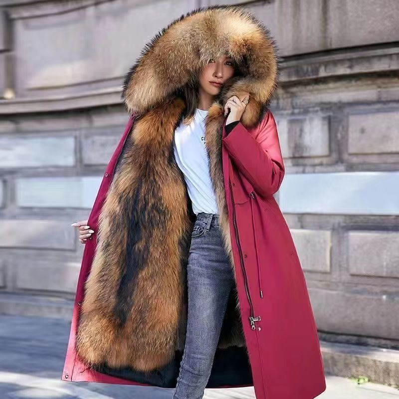 Manteau de fourrure pour femmes Faux Fox et Raccoon Fur Veste en coton épais
