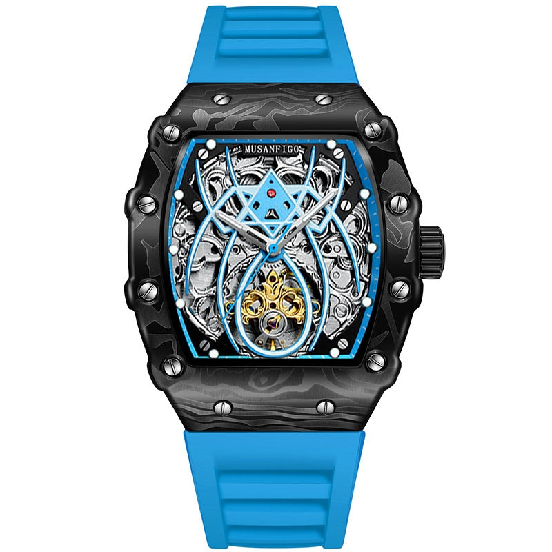 En forme de barillet Entièrement automatique mécanique Lumineux Sport Mode Hommes Montre Hollow-out