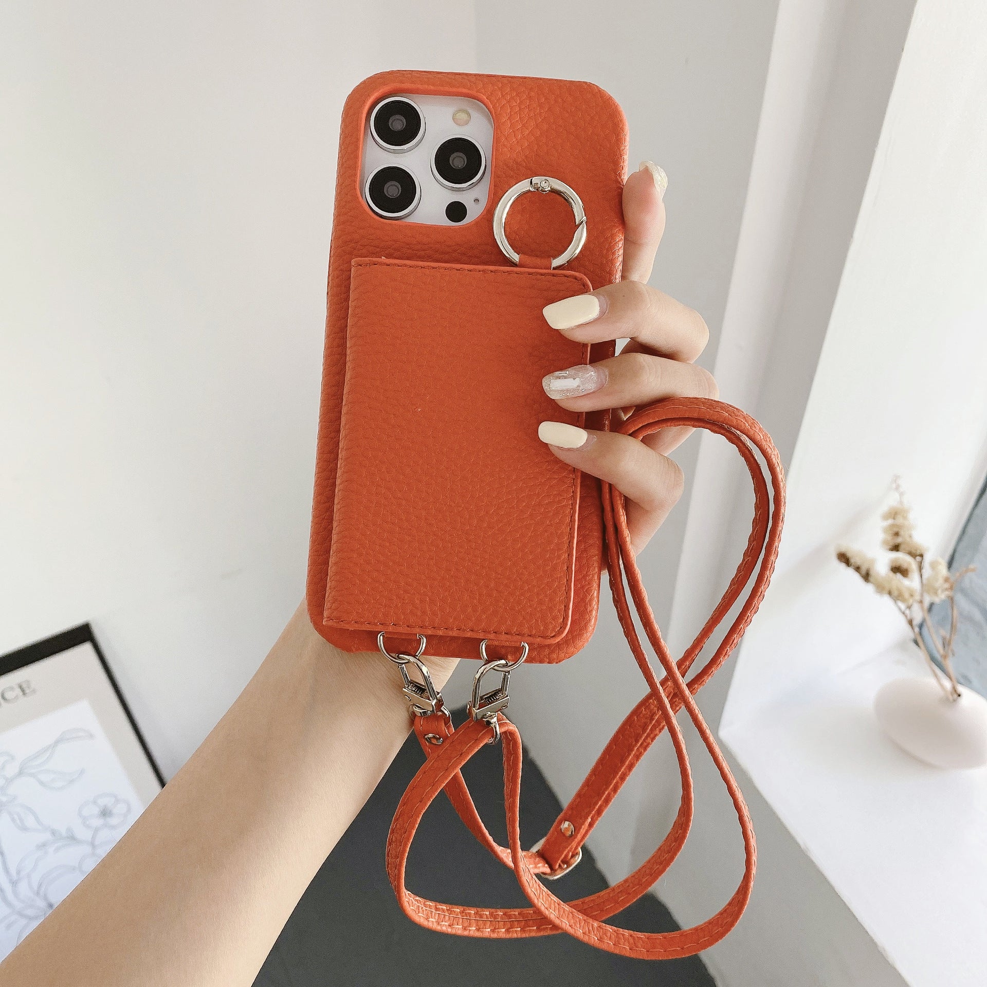 Motif Lychee Gauche et Droite Ouvert Miroir Beauté Étui de téléphone Lanyard