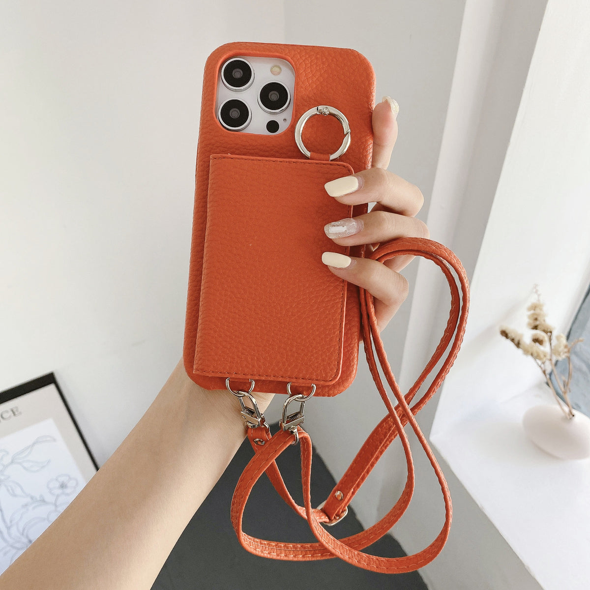 Motif Lychee Gauche et Droite Ouvert Miroir Beauté Étui de téléphone Lanyard
