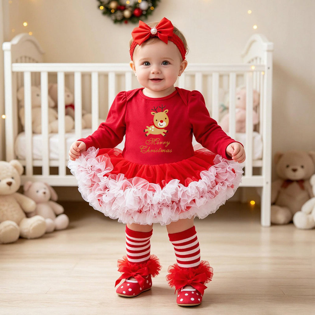 Bébé Noël à manches longues Robe de Romper rouge Tulle Une pièce Ensemble de quatre pièces
