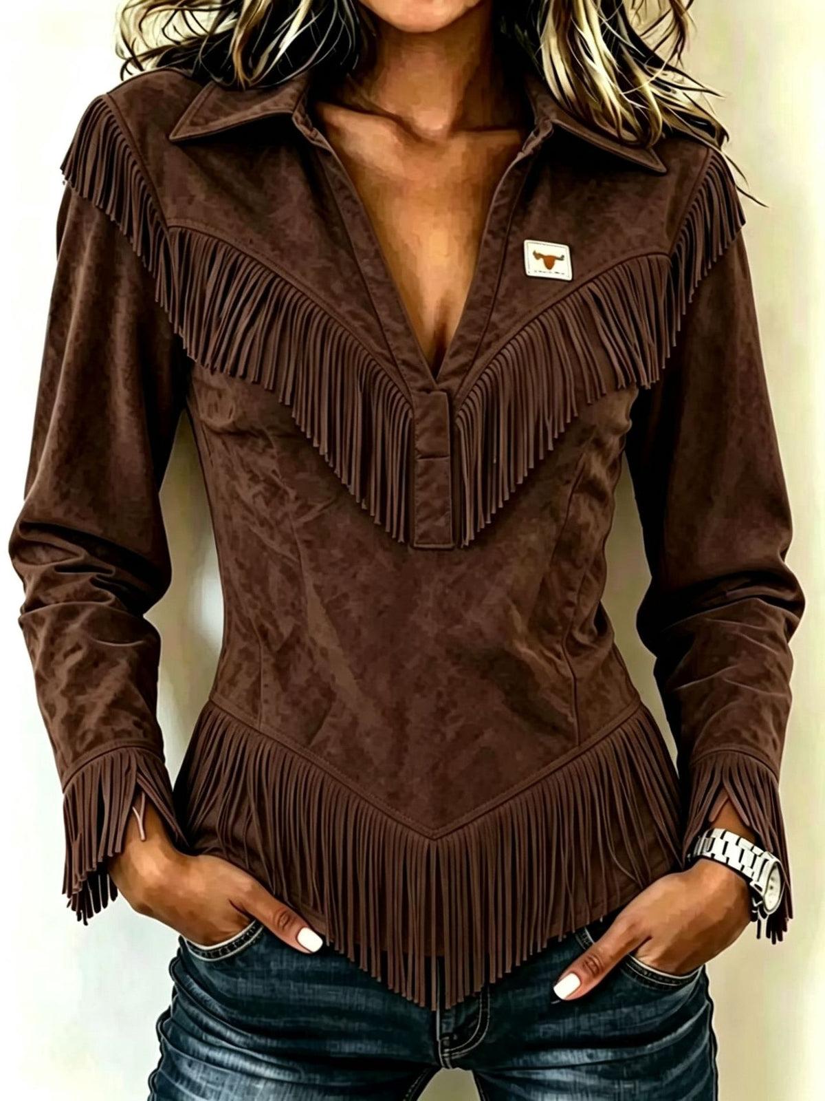 Deerskin Velvet Tassel Slim-fit Long-Sleeved Shirt