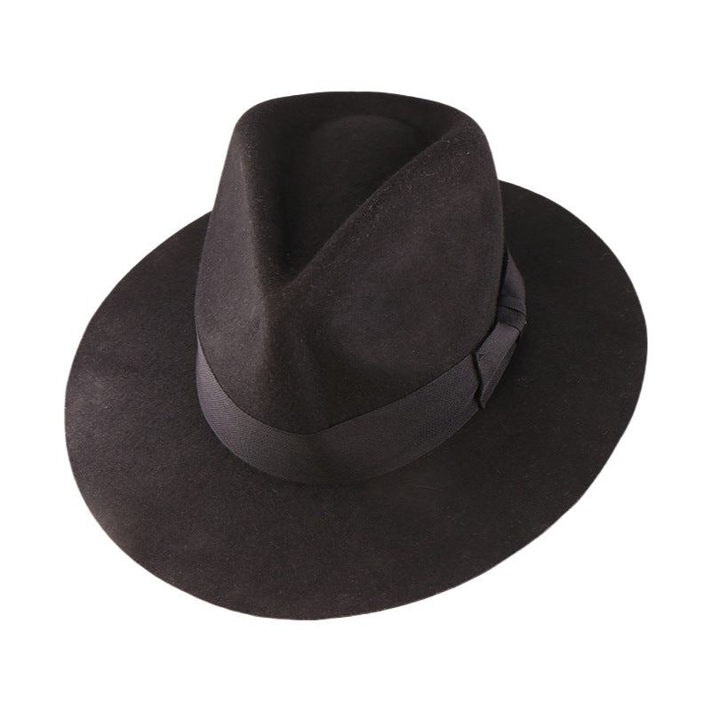 Chapeau en laine denim avec un large bord et Bow