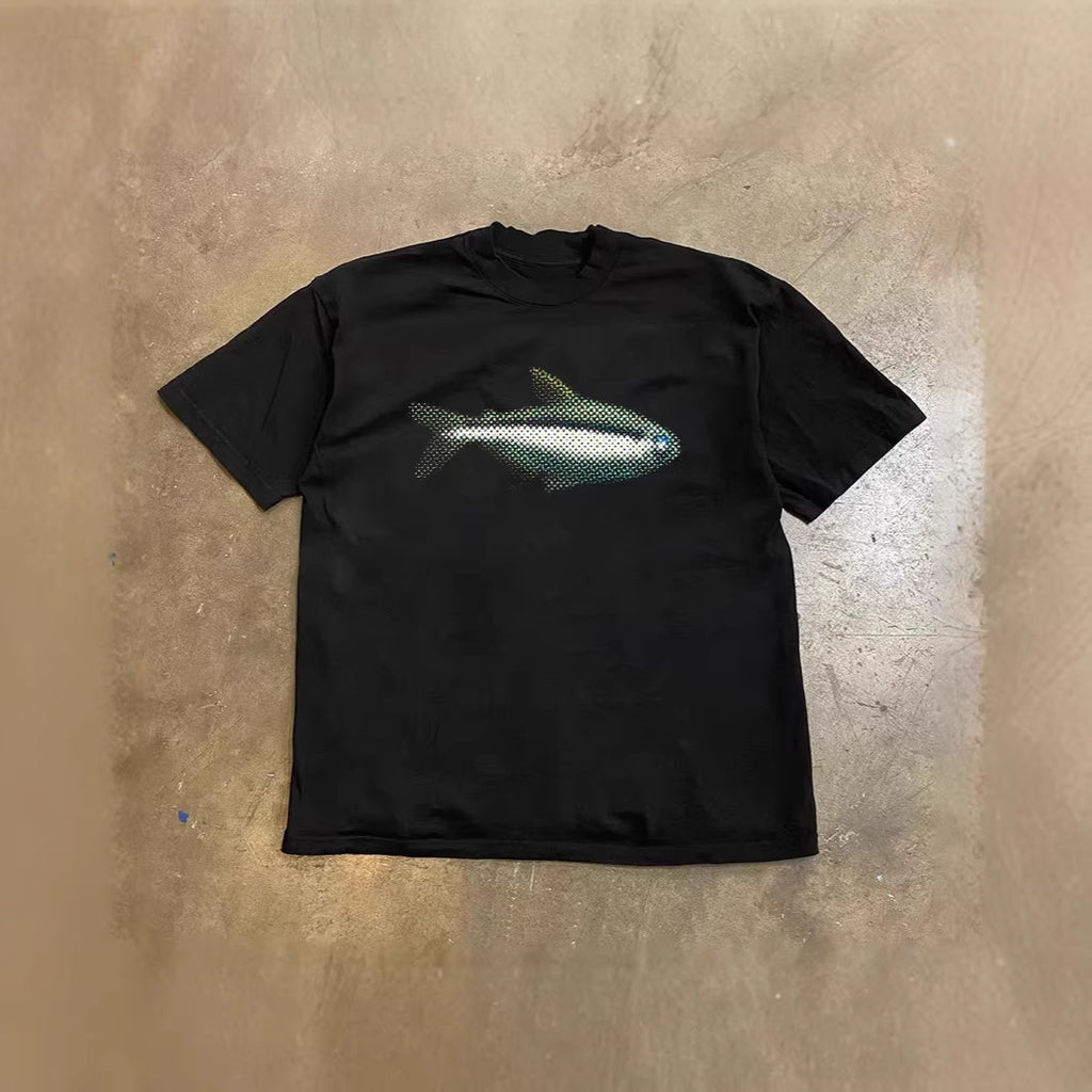 T-shirt à manches courtes surdimensionné avec un petit poisson imprimé unisexe et détendu