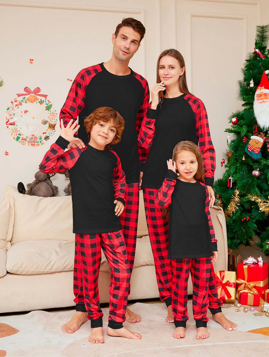 Ensemble de pyjamas imprimés en Plaid de couleur solide de Noël de mode pour femmes