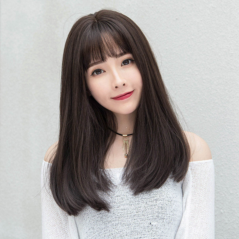 Japonais et Coréen Wig Femmes Air Bangs Moyen Long Droite