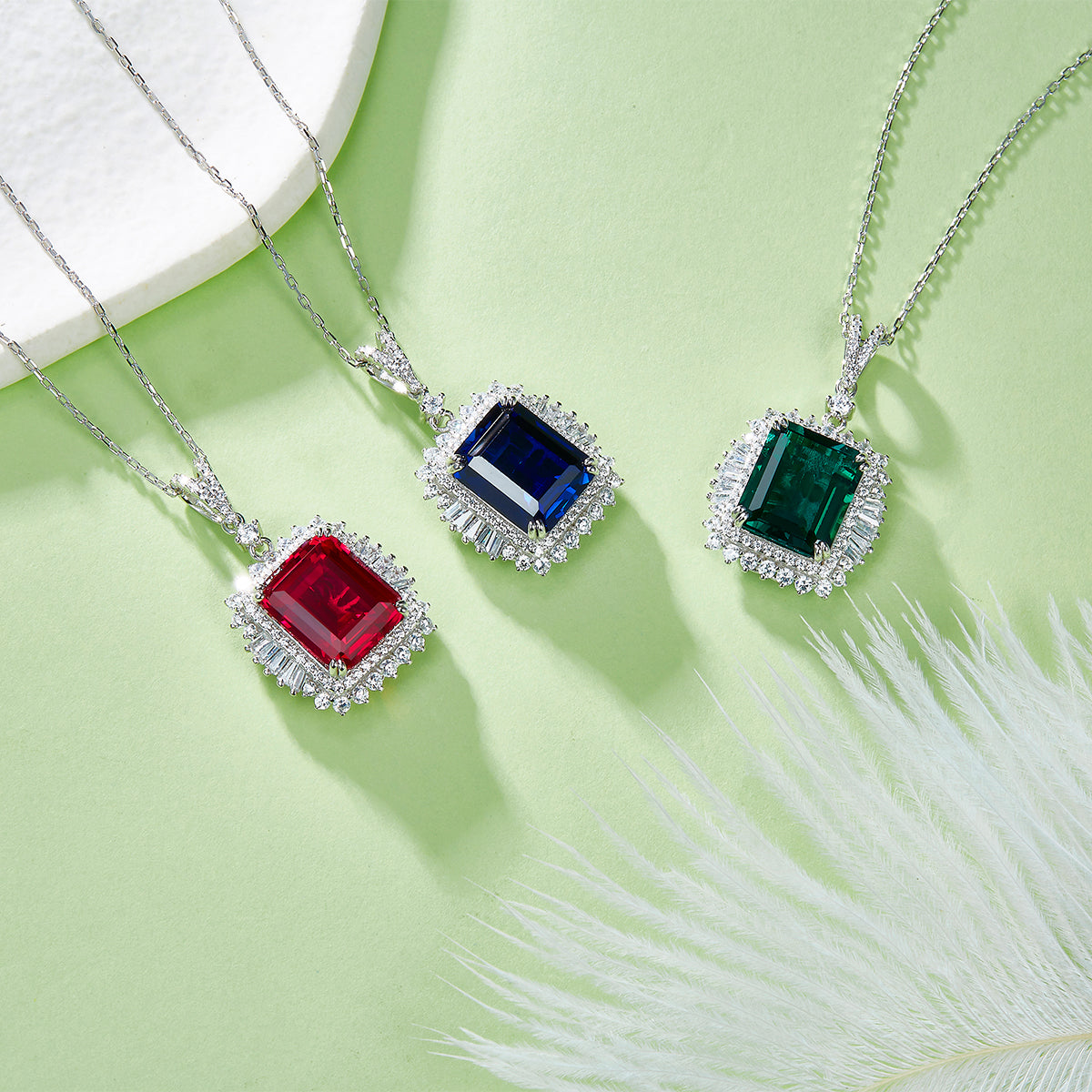 S925 Sterling Silver 10x12mm Lab-Grown Ruby Sapphire Emerald Halo Pendant Necklace
