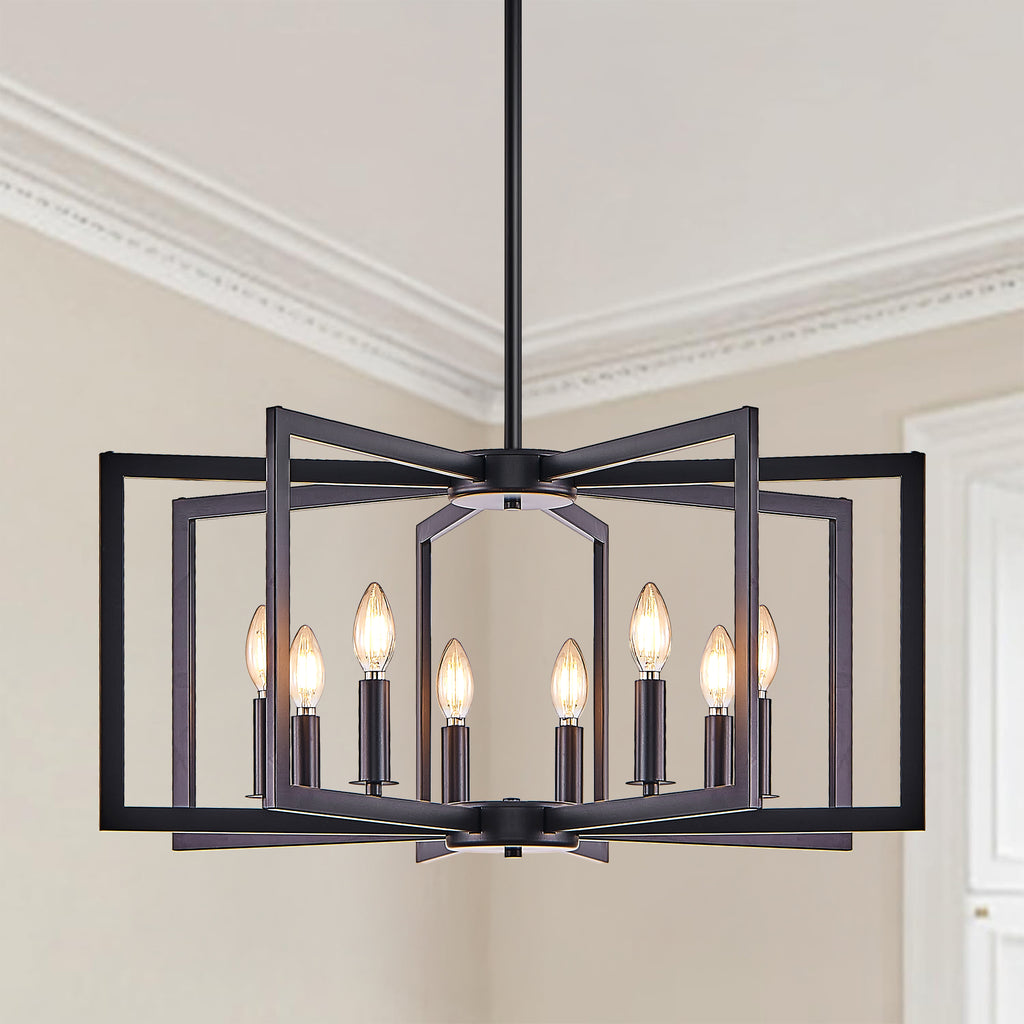 Chandelier 8-Light Geometric Noir moderne de 27" – Luminaire pendentif métallique industriel pour